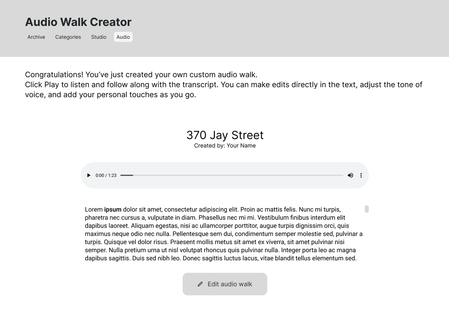 Low-fidelity audio page wireframe