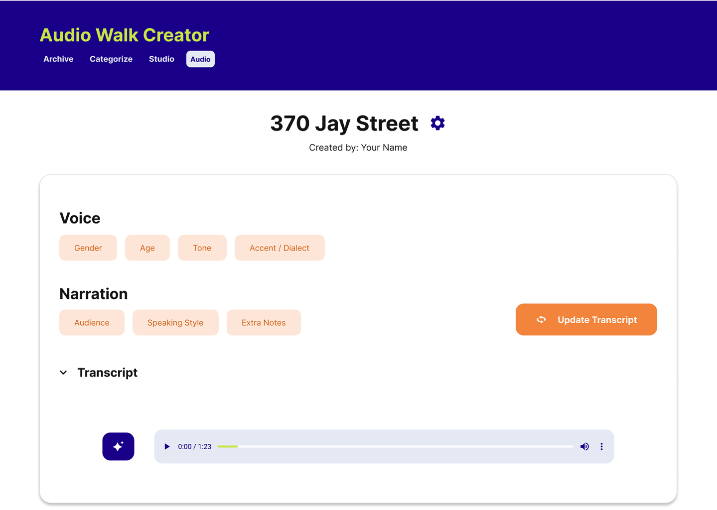 Mid-fidelity audio page wireframe